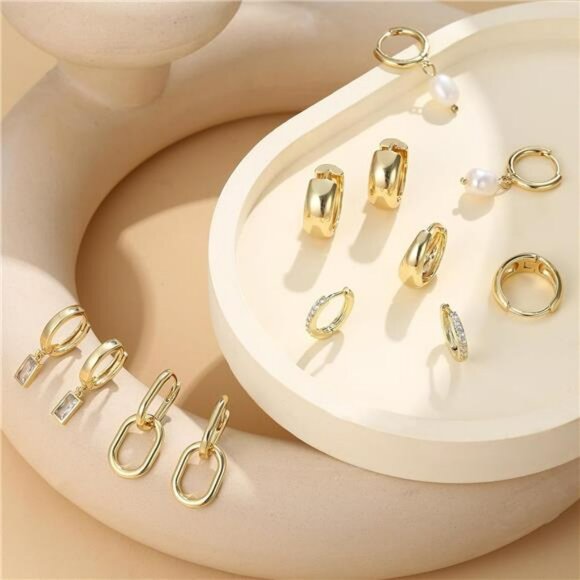 Gold Hoop Earrings Set Women 13 Pairs Huggie Stud Pearl Dangle Lightweight - Picture 5 of 7
